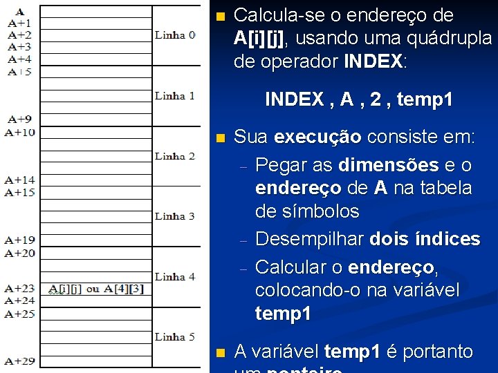 n Calcula-se o endereço de A[i][j], usando uma quádrupla de operador INDEX: INDEX ,