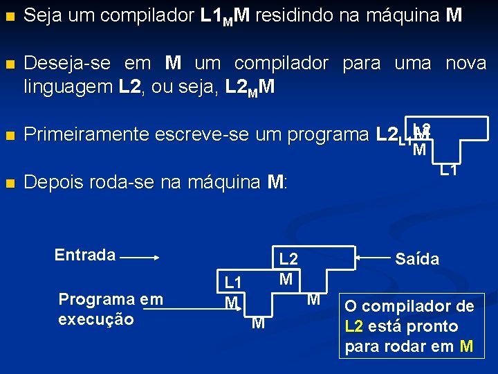 n Seja um compilador L 1 MM residindo na máquina M n Deseja-se em