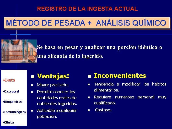 REGISTRO DE LA INGESTA ACTUAL MÉTODO DE PESADA + ANÁLISIS QUÍMICO Se basa en