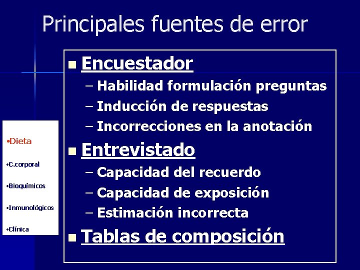 Principales fuentes de error n Encuestador – Habilidad formulación preguntas – Inducción de respuestas