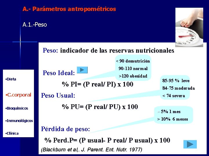 A. - Parámetros antropométricos A. 1. -Peso: indicador de las reservas nutricionales < 90