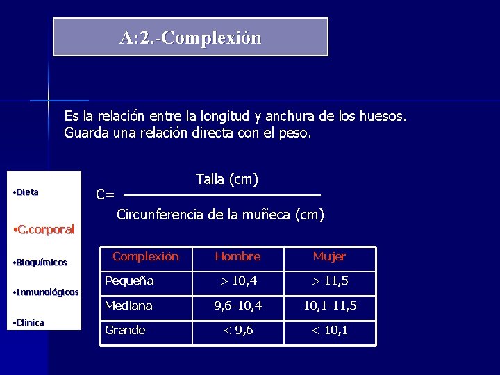 A: 2. -Complexión Es la relación entre la longitud y anchura de los huesos.