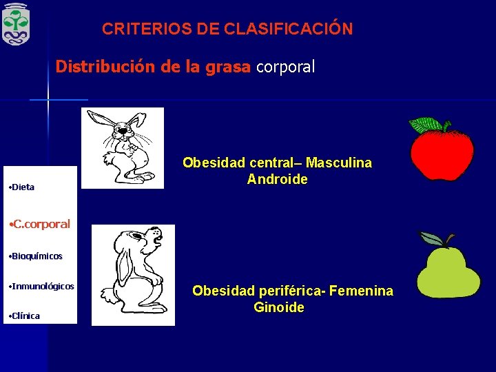 CRITERIOS DE CLASIFICACIÓN Distribución de la grasa corporal • Dieta Obesidad central– Masculina Androide