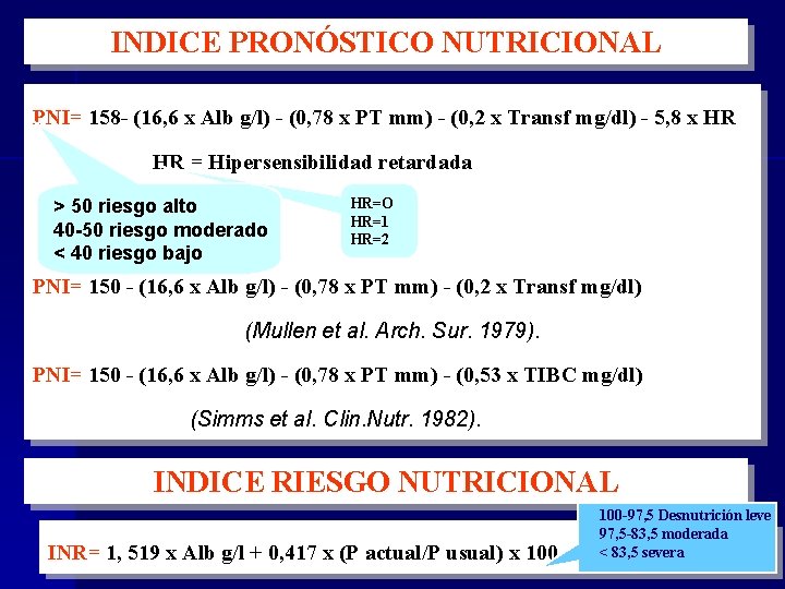 INDICE PRONÓSTICO NUTRICIONAL PNI= 158 - (16, 6 x Alb g/l) - (0, 78