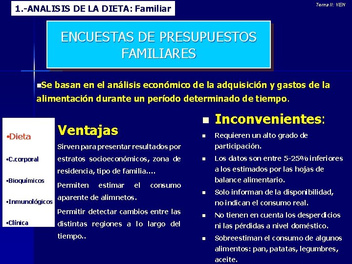 Tema II: VEN 1. -ANALISIS DE LA DIETA: Familiar ENCUESTAS DE PRESUPUESTOS FAMILIARES n.
