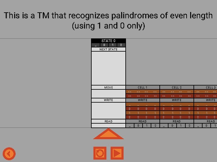 This is a TM that recognizes palindromes of even length (using 1 and 0