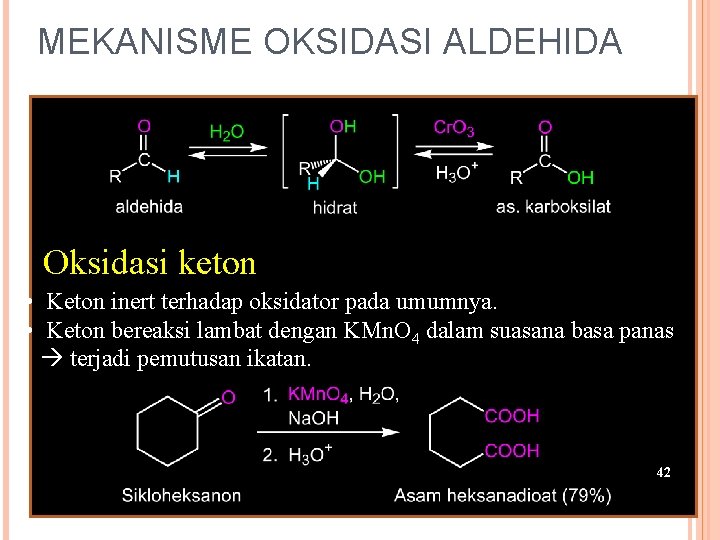 MEKANISME OKSIDASI ALDEHIDA • Oksidasi berlangsung melalui intermediat 1, 1 -diol. Oksidasi keton •