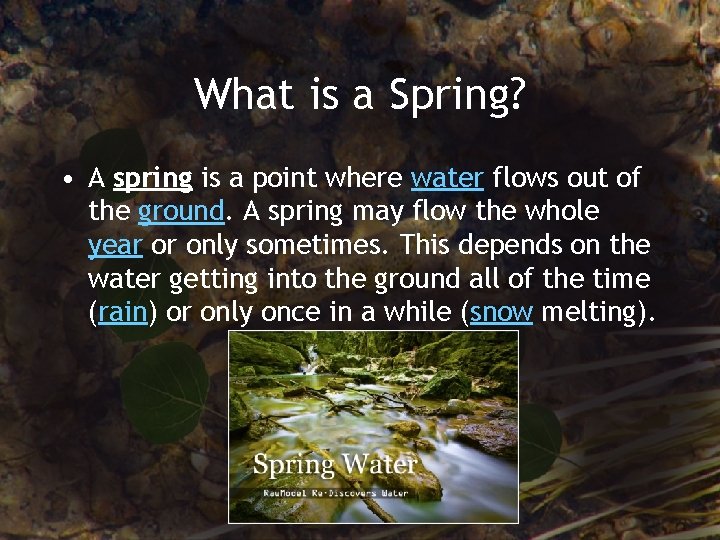 What is a Spring? • A spring is a point where water flows out