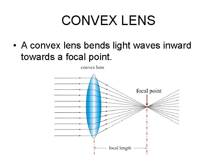 CONVEX LENS • A convex lens bends light waves inward towards a focal point. CONVEX LENS • A convex lens bends light waves inward towards a focal point.