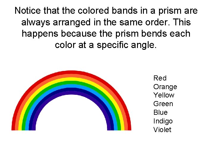 Notice that the colored bands in a prism are always arranged in the same Notice that the colored bands in a prism are always arranged in the same