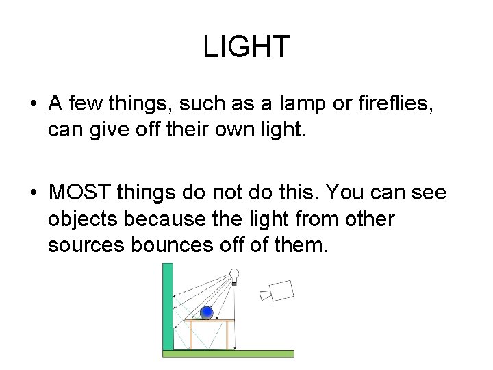LIGHT • A few things, such as a lamp or fireflies, can give off LIGHT • A few things, such as a lamp or fireflies, can give off