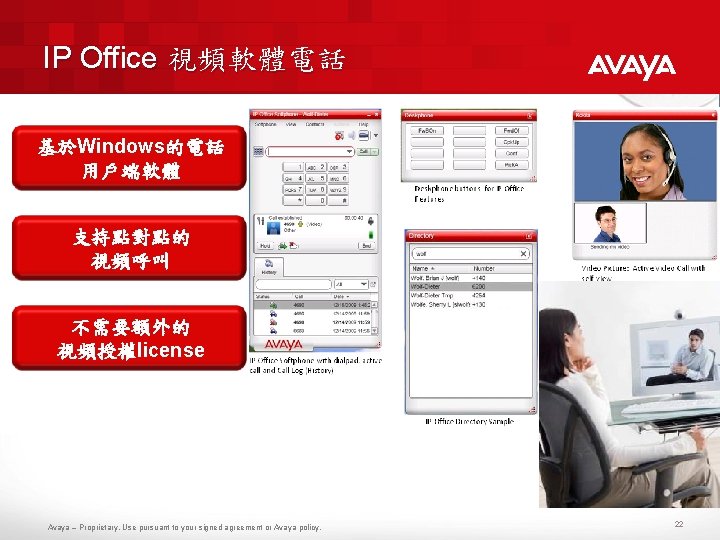 IP Office 視頻軟體電話 基於Windows的電話 用戶端軟體 支持點對點的 視頻呼叫 不需要額外的 視頻授權license Avaya – Proprietary. Use pursuant