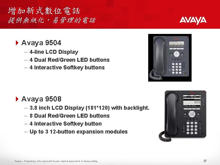 增加新式數位電話 提供無紙化，易管理的電話 Avaya 9504 – 4 -line LCD Display – 4 Dual Red/Green LED