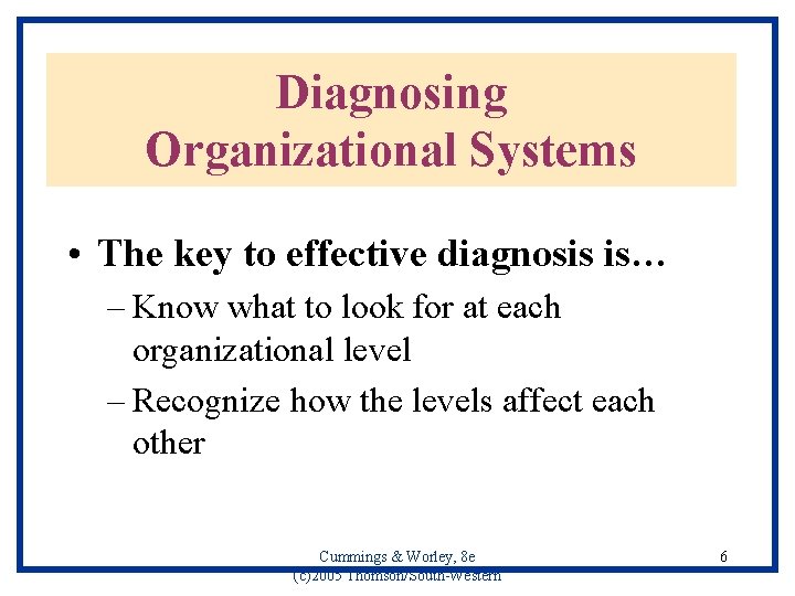 Diagnosing Organizational Systems • The key to effective diagnosis is… – Know what to