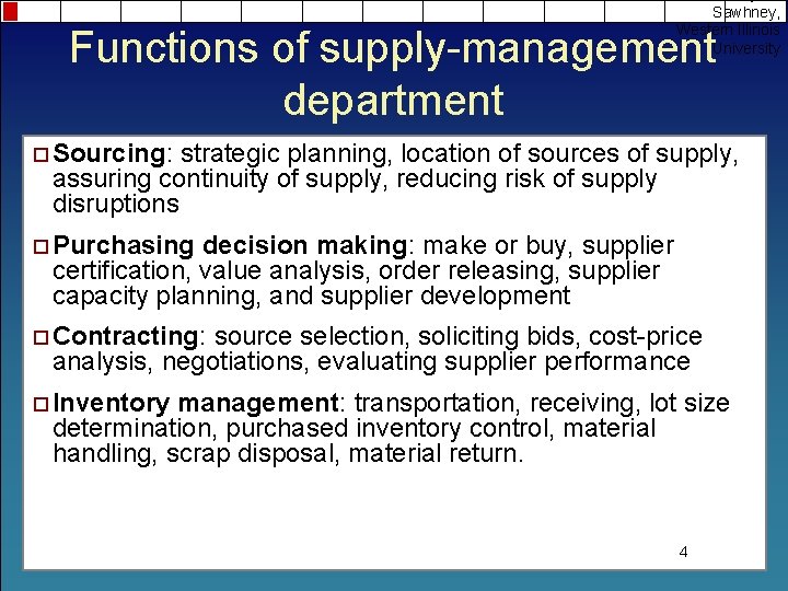Sawhney, Western Illinois University Functions of supply-management department ¨ Sourcing: strategic planning, location of