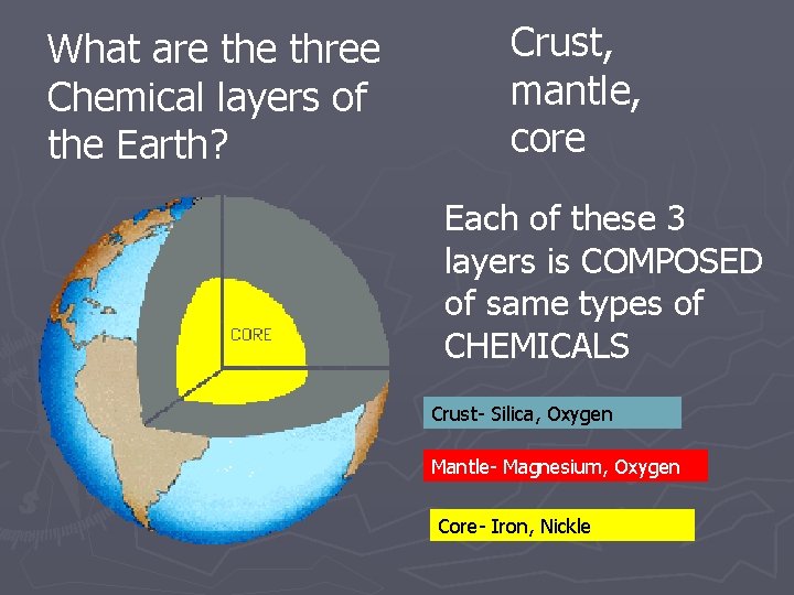 What are three Chemical layers of the Earth? Crust, mantle, core Each of these