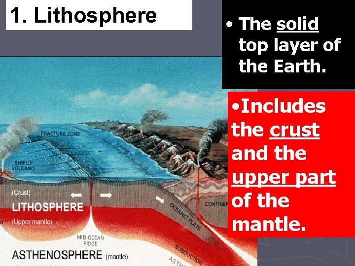 1. Lithosphere • The solid top layer of the Earth. • Includes the crust