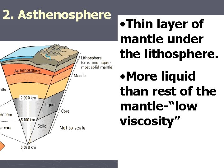 2. Asthenosphere • Thin layer of mantle under the lithosphere. • More liquid than