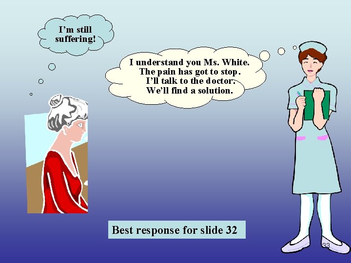 I’m still suffering! I understand you Ms. White. The pain has got to stop.