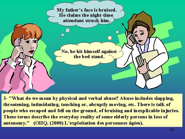 My father’s face is bruised. He claims the night-time attendant struck him. No, he