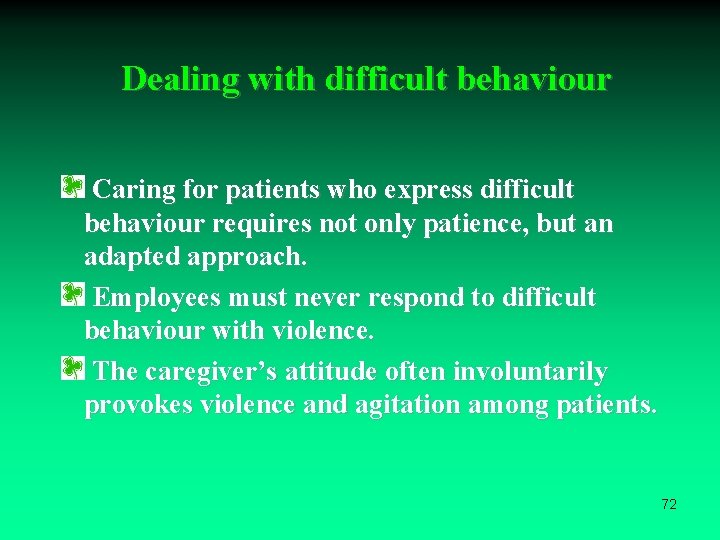 Dealing with difficult behaviour Caring for patients who express difficult behaviour requires not only