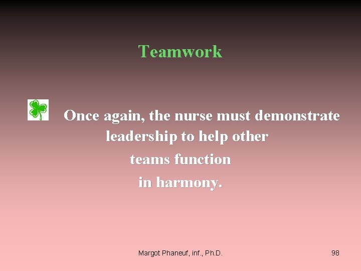 Teamwork Once again, the nurse must demonstrate leadership to help other teams function in