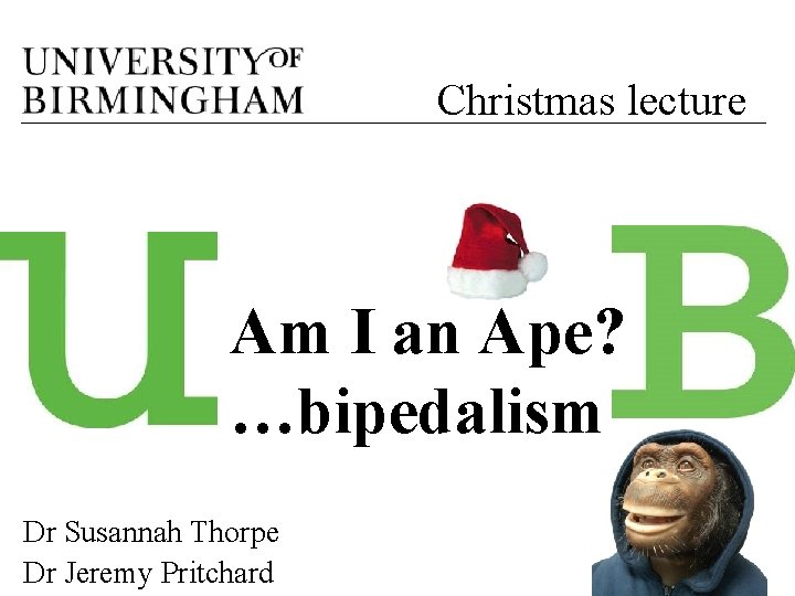 Christmas lecture Am I an Ape? …bipedalism Dr Susannah Thorpe Dr Jeremy Pritchard 