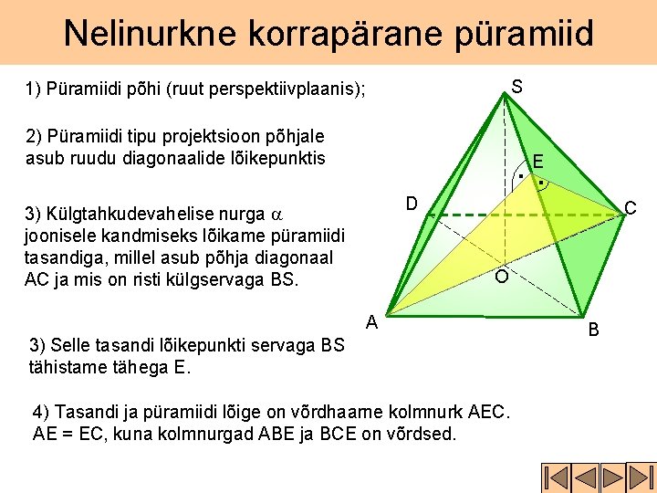 Nelinurkne korrapärane püramiid S 1) Püramiidi põhi (ruut perspektiivplaanis); 2) Püramiidi tipu projektsioon põhjale Nelinurkne korrapärane püramiid S 1) Püramiidi põhi (ruut perspektiivplaanis); 2) Püramiidi tipu projektsioon põhjale