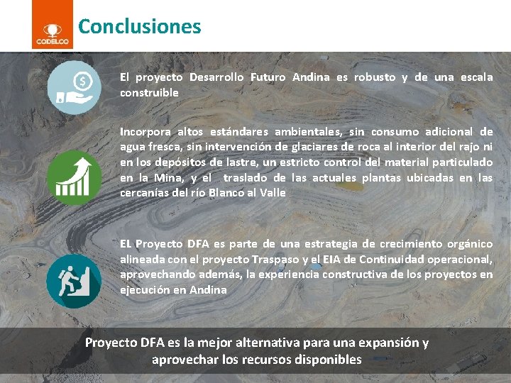 Conclusiones El proyecto Desarrollo Futuro Andina es robusto y de una escala construible Incorpora