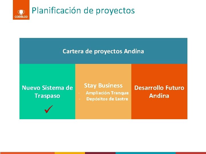 Planificación de proyectos Cartera de proyectos Andina Nuevo Sistema de Traspaso ü - Stay