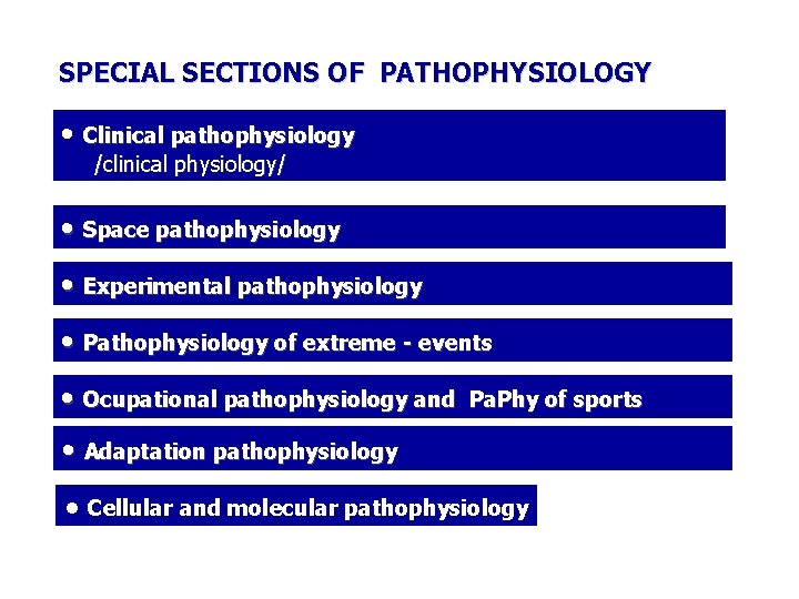 SPECIAL SECTIONS OF PATHOPHYSIOLOGY • Clinical pathophysiology /clinical physiology/ • Space pathophysiology • Experimental