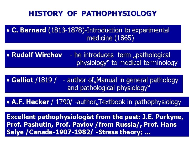 HISTORY OF PATHOPHYSIOLOGY • C. Bernard (1813 -1878)-Introduction to experimental medicine (1865) • Rudolf