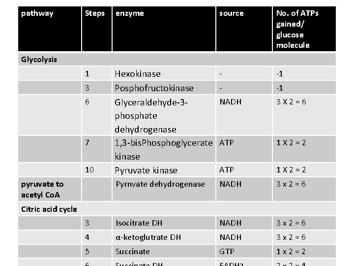 pathway Steps enzyme source No. of ATPs gained/ glucose molecule 1 Hexokinase Posphofructokinase Glyceraldehyde-3 pathway Steps enzyme source No. of ATPs gained/ glucose molecule 1 Hexokinase Posphofructokinase Glyceraldehyde-3