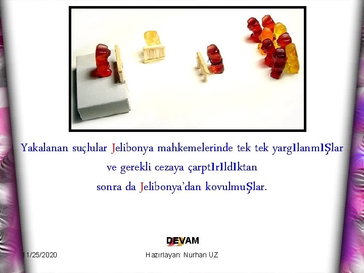 Yakalanan suçlular Jelibonya mahkemelerinde tek yargılanmışlar ve gerekli cezaya çarptırıldıktan sonra da Jelibonya’dan kovulmuşlar.