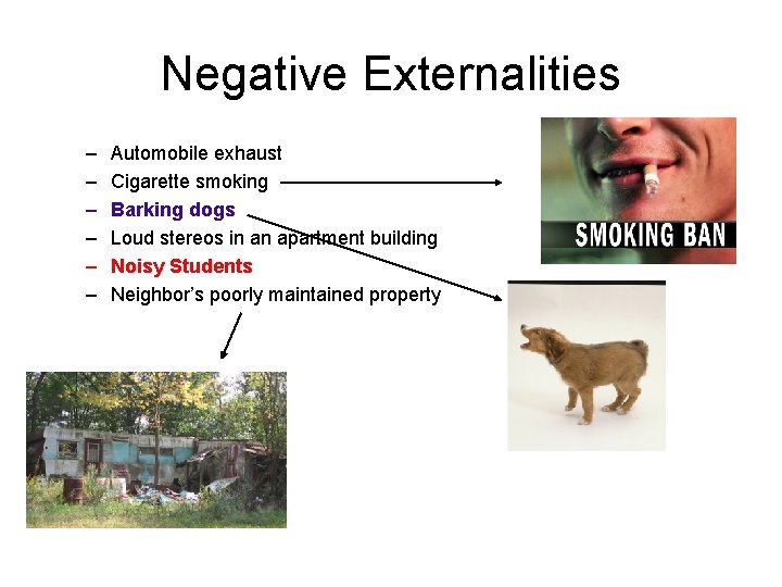 Negative Externalities – – – Automobile exhaust Cigarette smoking Barking dogs Loud stereos in