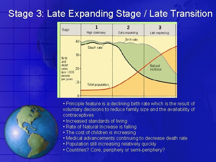 Stage 3: Late Expanding Stage / Late Transition • Principle feature is a declining