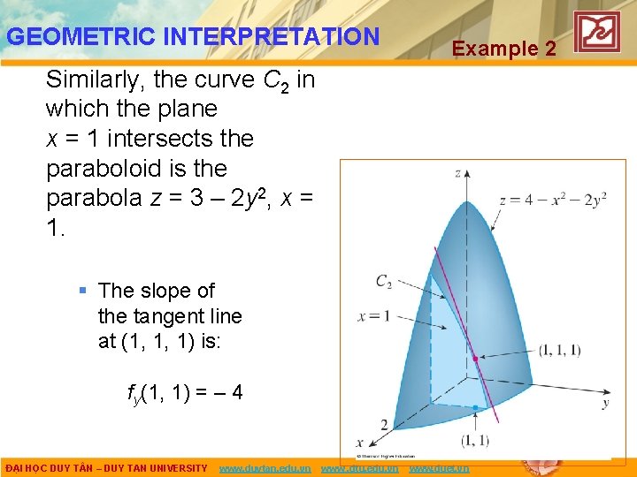 GEOMETRIC INTERPRETATION Example 2 Similarly, the curve C 2 in which the plane x