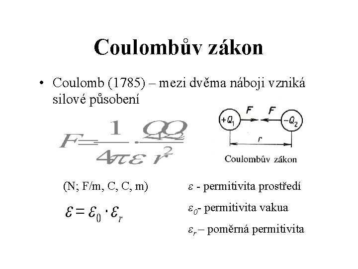Coulombův zákon • Coulomb (1785) – mezi dvěma náboji vzniká silové působení (N; F/m,