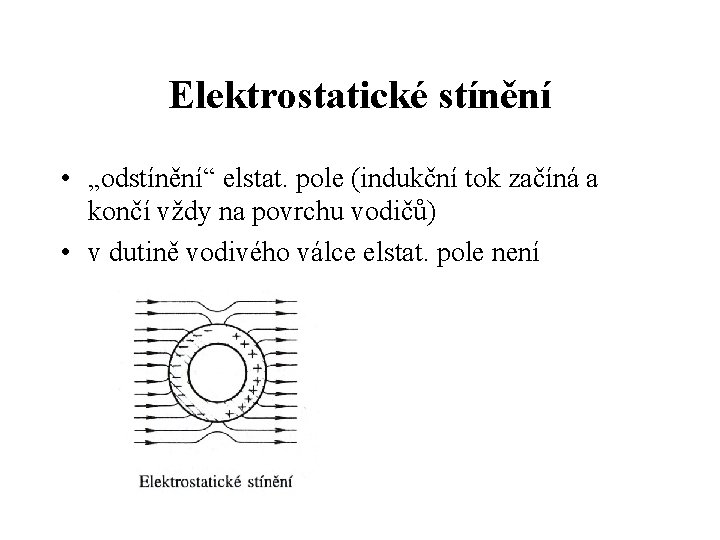 Elektrostatické stínění • „odstínění“ elstat. pole (indukční tok začíná a končí vždy na povrchu