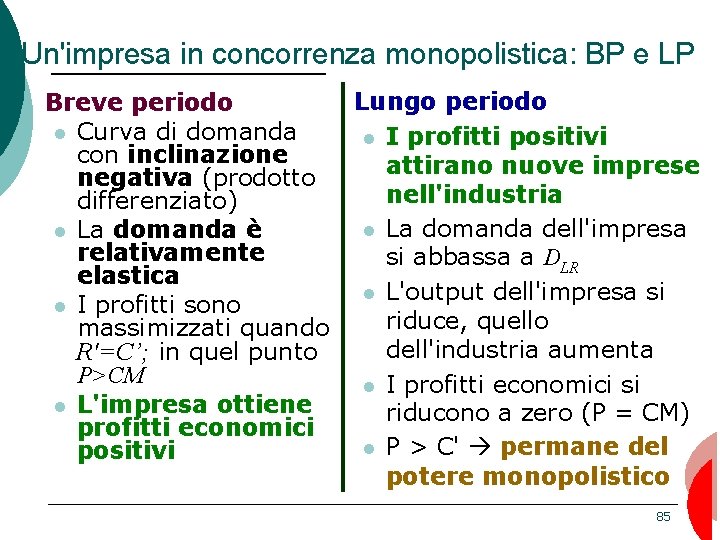 Un'impresa in concorrenza monopolistica: BP e LP Breve periodo Curva di domanda con inclinazione