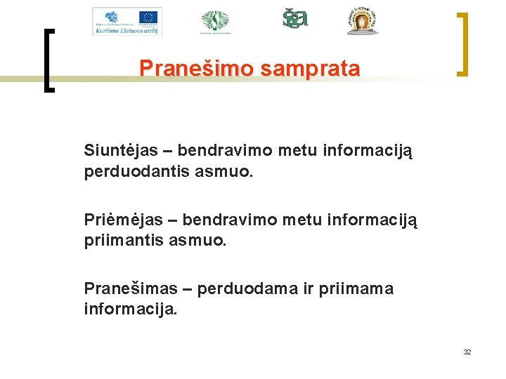Pranešimo samprata Siuntėjas – bendravimo metu informaciją perduodantis asmuo. Priėmėjas – bendravimo metu informaciją