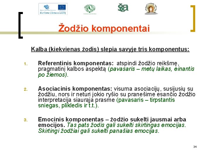 Žodžio komponentai Kalba (kiekvienas žodis) slepia savyje tris komponentus: 1. Referentinis komponentas: atspindi žodžio