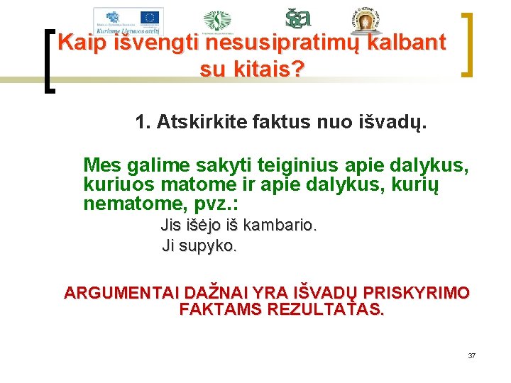 Kaip išvengti nesusipratimų kalbant su kitais? 1. Atskirkite faktus nuo išvadų. Mes galime sakyti