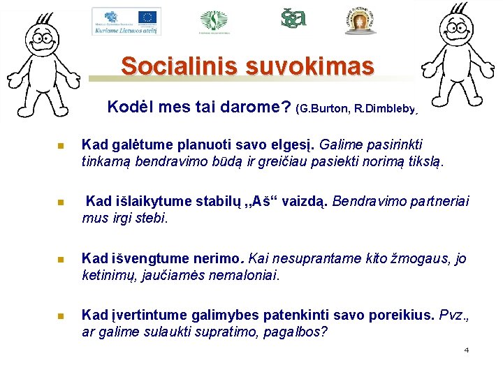 Socialinis suvokimas Kodėl mes tai darome? (G. Burton, R. Dimbleby) n Kad galėtume planuoti