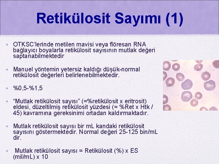 Retikülosit Sayımı (1) • OTKSC’lerinde metilen mavisi veya flöresan RNA bağlayıcı boyalarla retikülosit sayısının