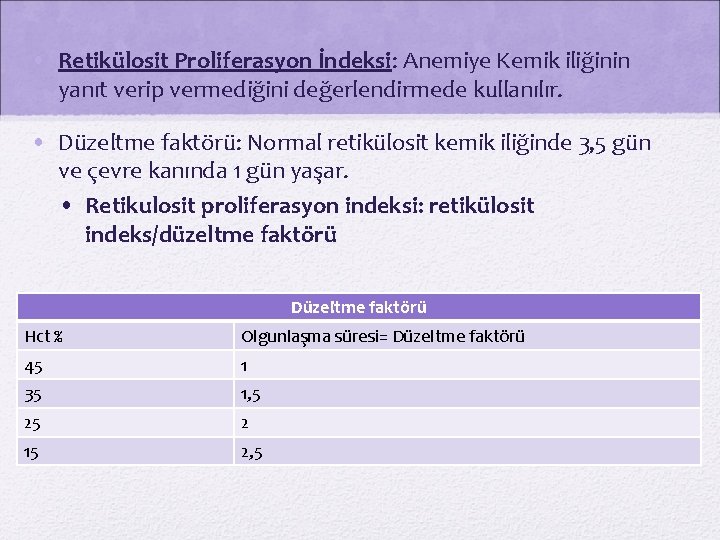  • Retikülosit Proliferasyon İndeksi: Anemiye Kemik iliğinin yanıt verip vermediğini değerlendirmede kullanılır. •