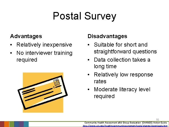 Postal Survey Advantages Disadvantages • Relatively inexpensive • No interviewer training required • Suitable