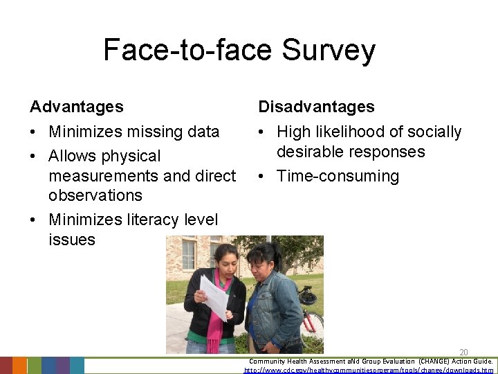 Face-to-face Survey Advantages Disadvantages • Minimizes missing data • Allows physical measurements and direct