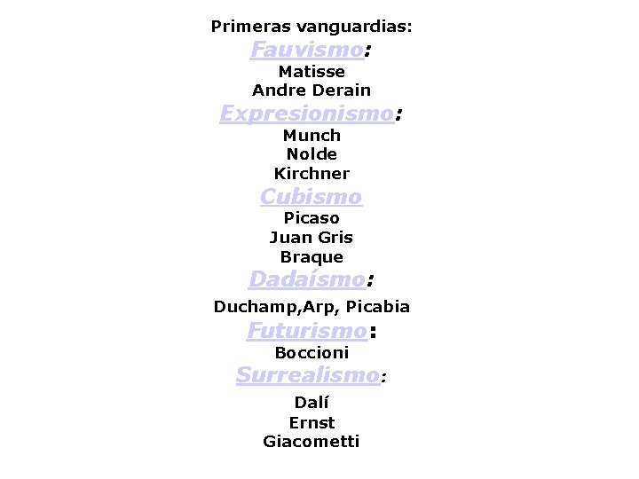 Primeras vanguardias: Fauvismo: Matisse Andre Derain Expresionismo: Munch Nolde Kirchner Cubismo Picaso Juan Gris