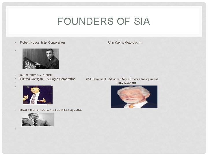 FOUNDERS OF SIA • Robert Noyce, Intel Corporation John Welty, Motorola, In • •